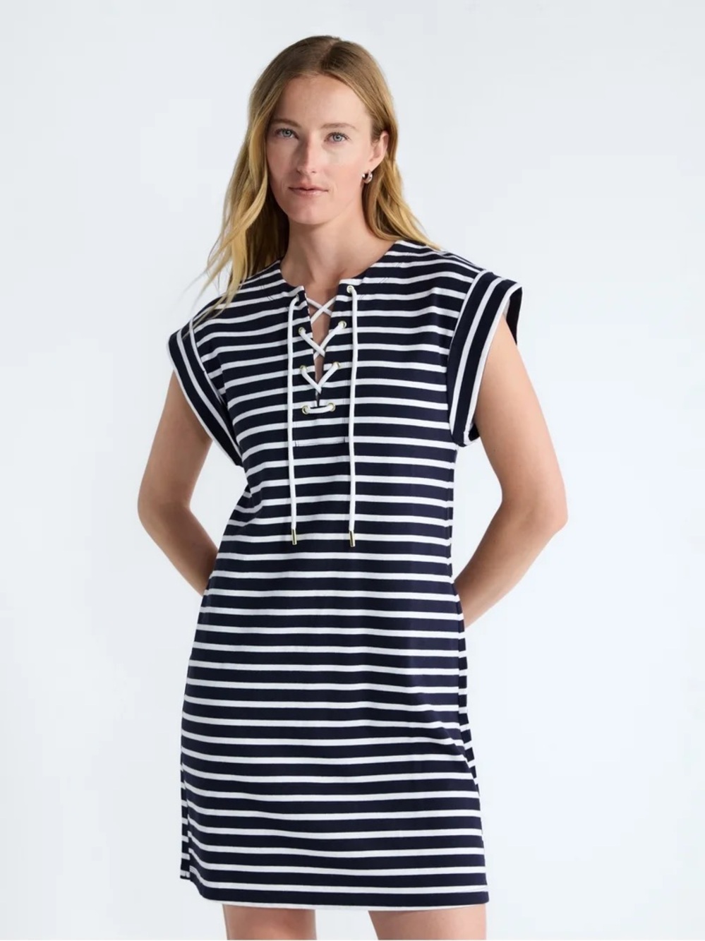 Free Assembly Women's Lace Up Cotton Striped Mini Dress NWT